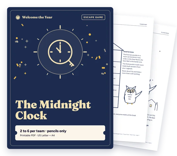 The Midnight Clock: New Year's Eve Escape Game cover with real pages behind it