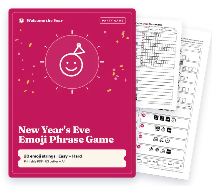 New Year's Eve Emoji Phrase Game cover with real pages behind it