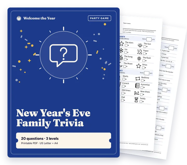 New Year's Eve Family Trivia cover with real pages behind it