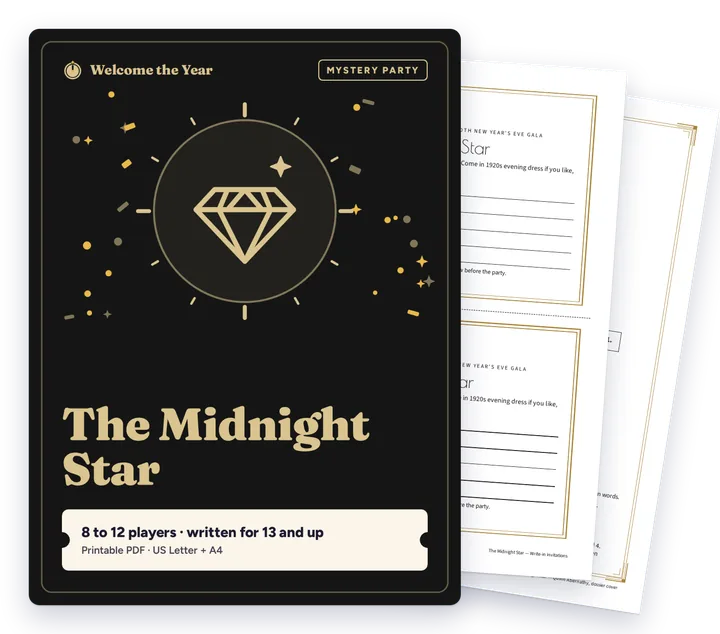 The Midnight Star: A New Year's Eve Gala Mystery Party cover with real pages behind it