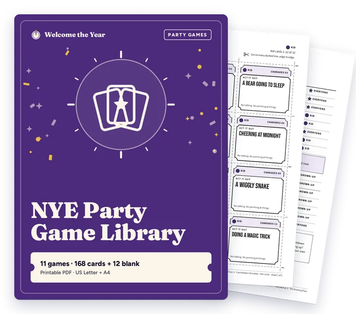 NYE Party Game Library cover with real pages behind it