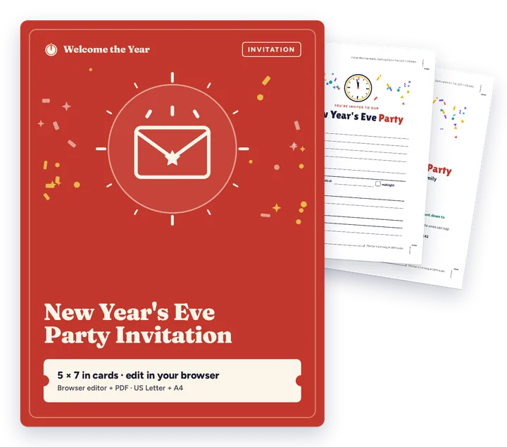 New Year's Eve Party Invitation cover with real pages behind it