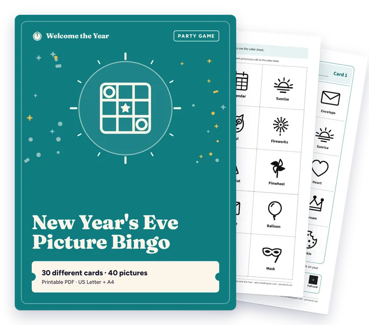 New Year's Eve Picture Bingo cover with real pages behind it