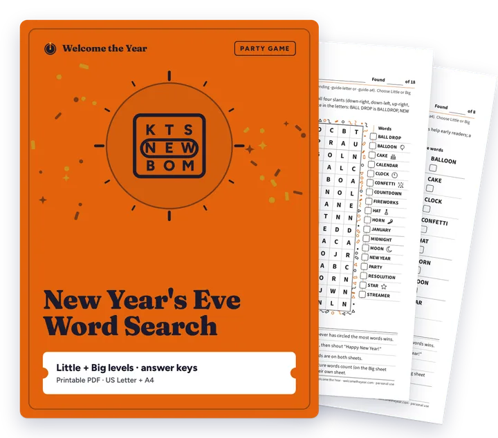 New Year's Eve Word Search cover with real pages behind it