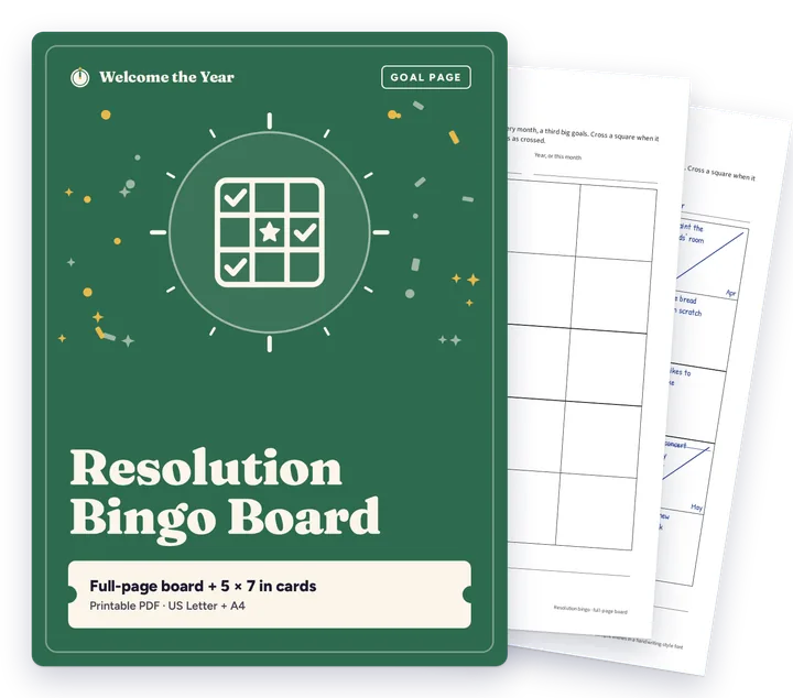 Resolution Bingo Board cover with real pages behind it