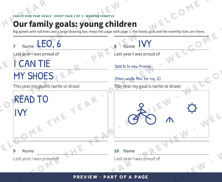 Preview: Worked example of the young-children page: Leo's panel with a drawing, and Ivy's panel