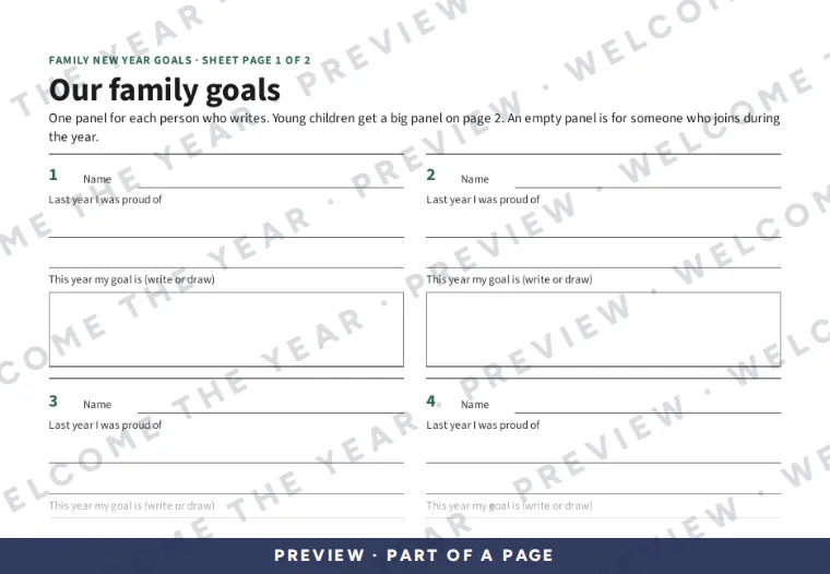 Preview: Blank family sheet, page 1 of 2: six name panels, a family goal and month ticks