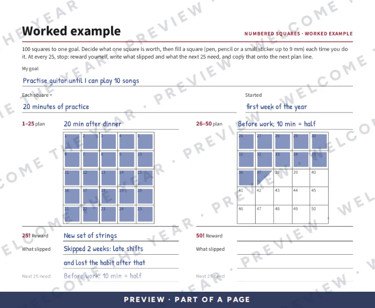 Preview: Worked example of the numbered chart: a guitar-practice goal with squares filled and a review at 25