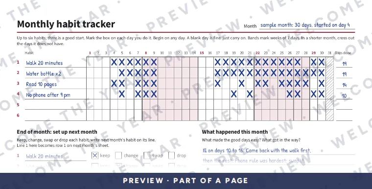 Preview: Filled example: a 30-day month that starts on day 4, with marks and a days-done column