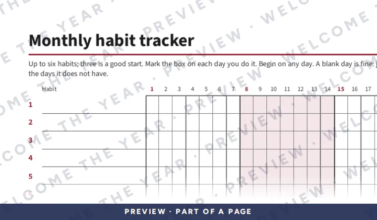 Preview: Blank landscape tracker: six habit rows and days 1 to 31