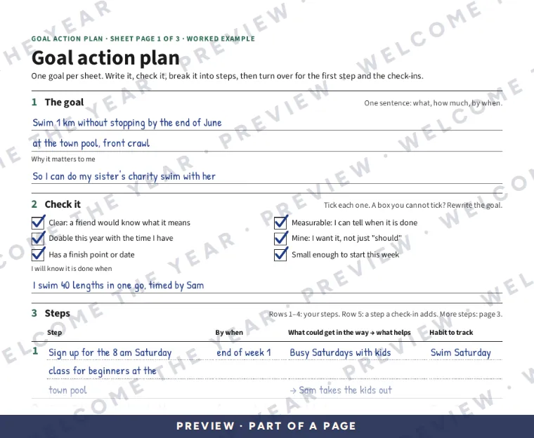 Preview: Worked example of sheet page 1: a swimming goal, the quality check and the step table
