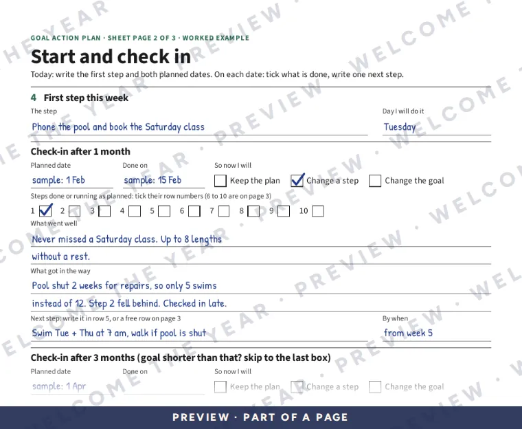 Preview: Worked example of sheet page 2: the first step this week and the 1-month and 3-month check-ins