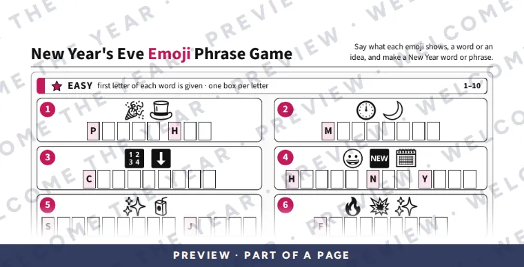 Preview: Player sheet: Easy half with first-letter boxes, Hard half with no hints