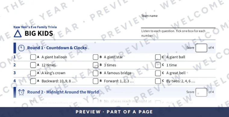 Preview: Big Kids player sheet: three choices for each question