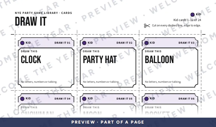 Preview: Draw It kid cards 1 to 12, with dashed cut lines