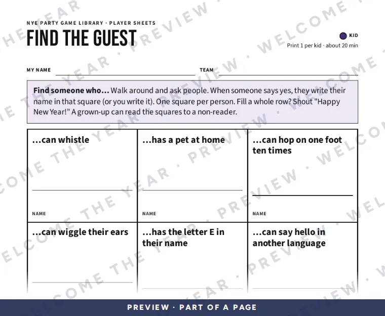 Preview: Find the Guest kid sheet: squares to fill by asking other guests