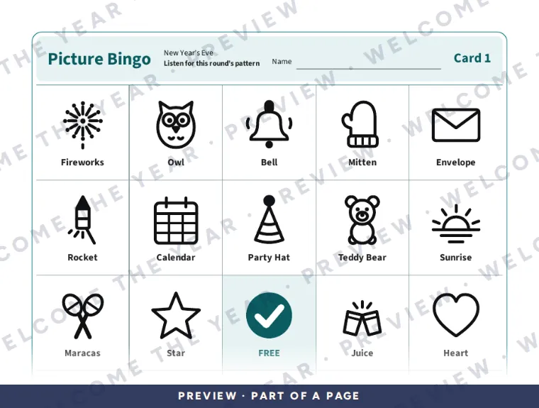 Preview: Picture bingo card 1: a 5 by 5 grid of line pictures with a free centre
