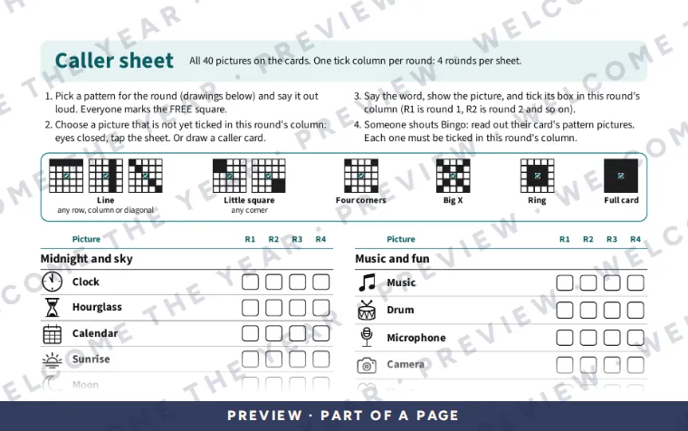 Preview: Caller sheet: all 40 pictures with a tick column for each round