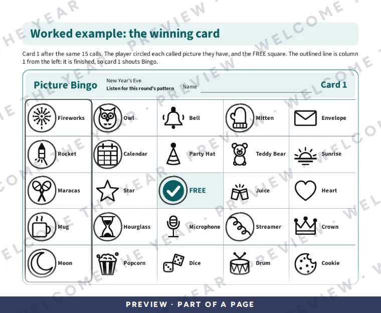 Preview: Worked example of card 1 after a round, with called pictures circled and one finished line