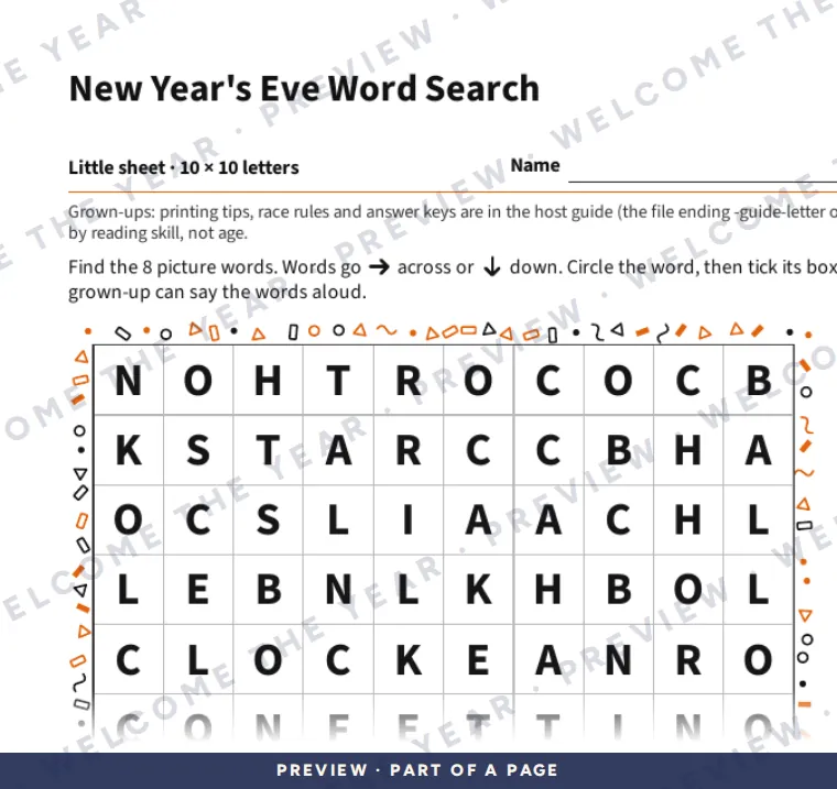 Preview: Little sheet: a 10 by 10 letter grid, eight picture words and tick boxes