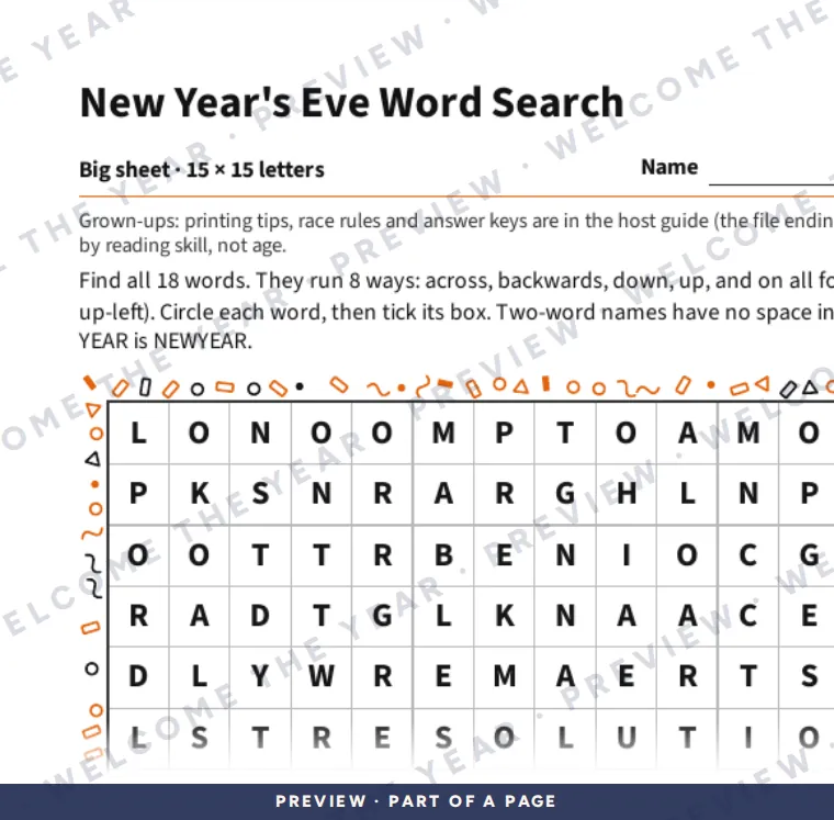 Preview: Big sheet: a 15 by 15 letter grid and a word list with tick boxes