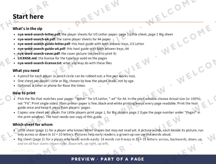 Preview: Host guide start page: what's in the zip, which sheet to print and how to play