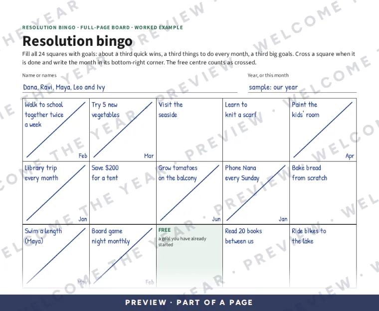 Preview: Worked example board with goals written in, some squares crossed and a finished line