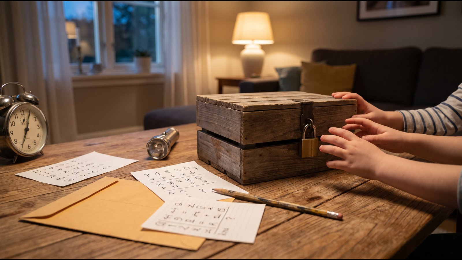 Illustrative generated photo: a padlocked wooden crate on a table, cipher sheets, a pencil, an alarm clock, a flashlight, and a child's hands reaching toward the lock.
