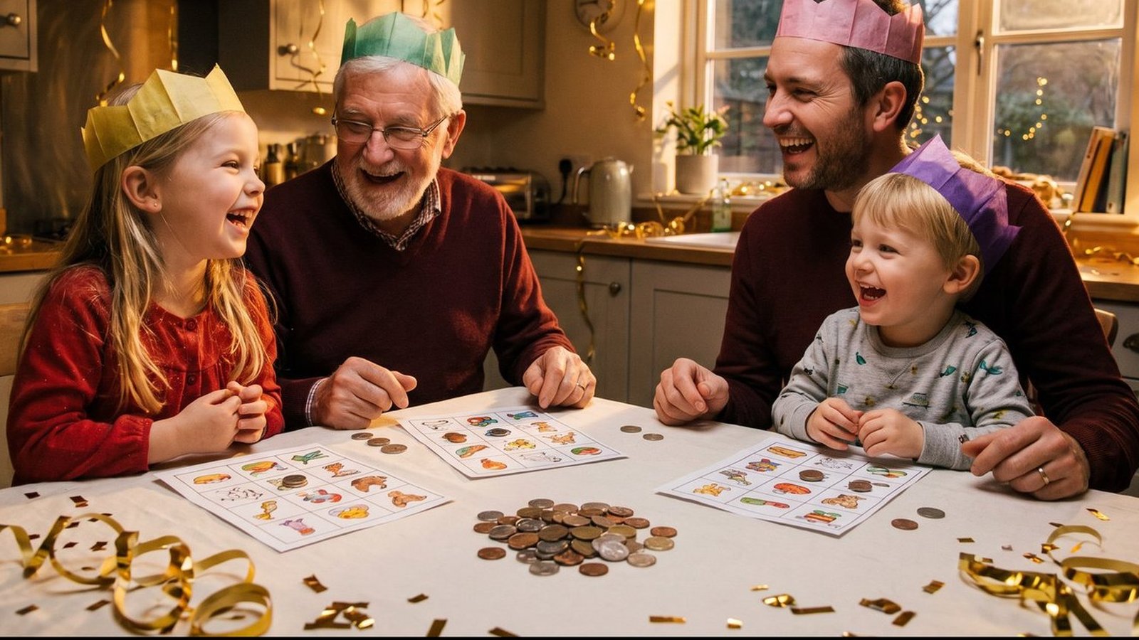 Illustrative generated photo: a girl, an older man, a younger man, and a small boy in paper crowns sit at a kitchen table marking picture cards, with coins and gold streamers on the cloth.