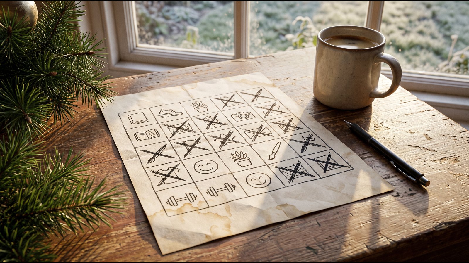 Illustrative generated photo: a paper grid of small icons on a wooden table, some squares crossed out, beside a coffee mug, a black pen, and pine branches by a bright window.