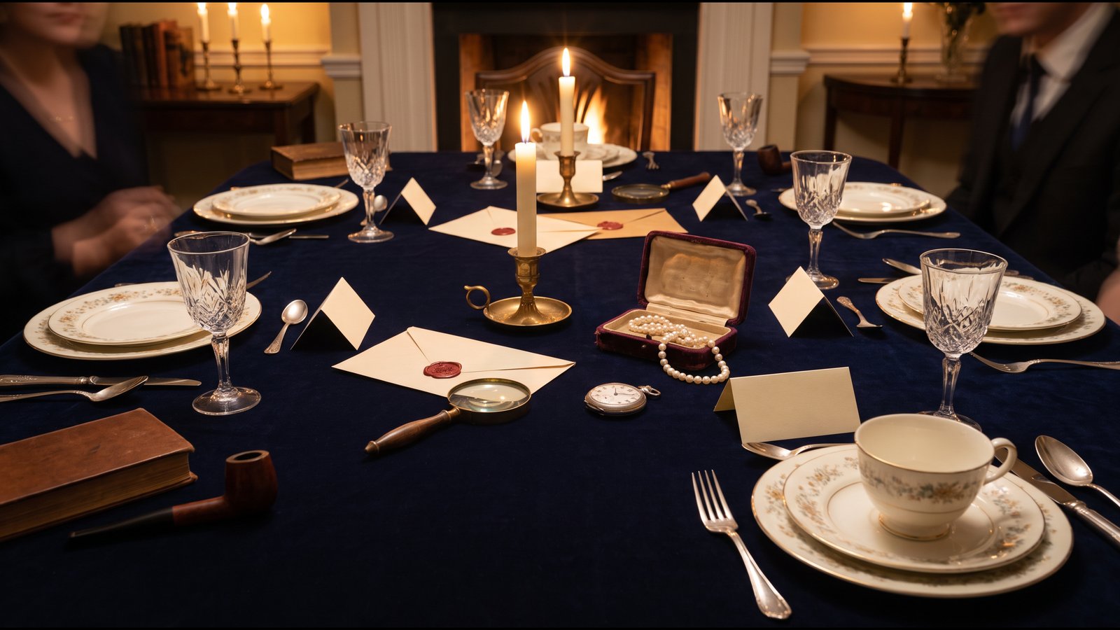 Illustrative generated photo: a candlelit dining table with navy cloth, place settings, sealed envelopes, pearls in an open box, a magnifying glass, and two people seated at the sides.