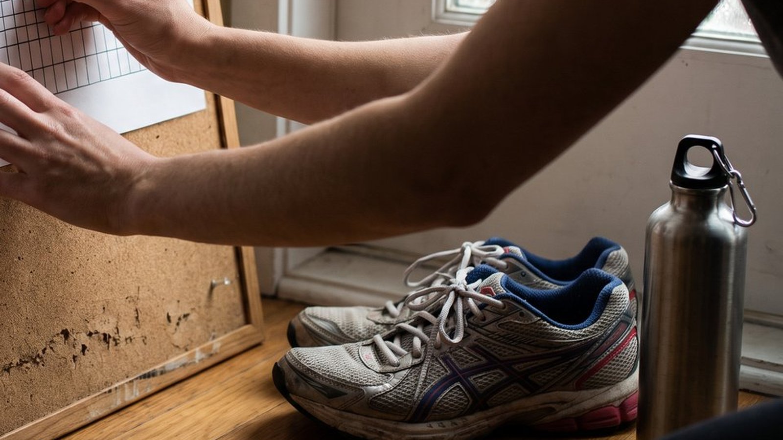 Illustrative generated photo: a person's arms pinning a grid sheet to a corkboard, with worn running shoes and a metal water bottle on a wooden floor beside a white door.