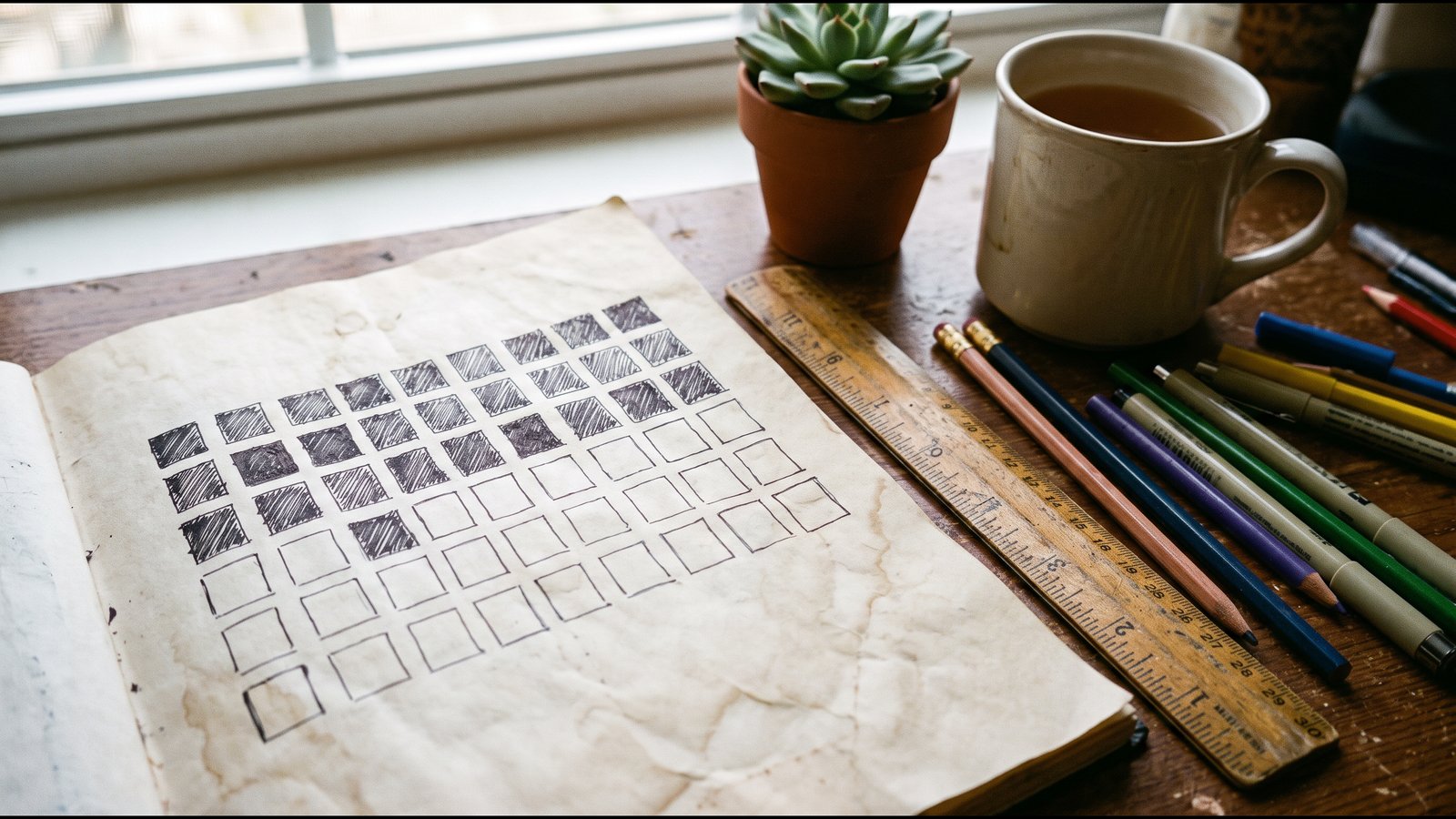 Illustrative generated photo: an open notebook on a wooden desk with a hand-drawn grid of squares, some shaded in pencil, beside a wooden ruler, colored pencils, a white mug of tea, and a succulent in a terracotta pot by a bright window.