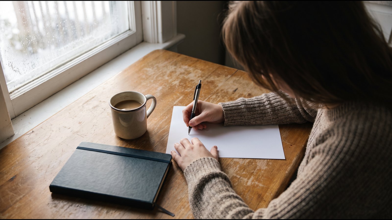 Illustrative generated photo: a person in a beige knit sweater writing with a pen on a blank sheet at a worn wooden table, beside a dark notebook and a mug of coffee, with a rainy window behind.