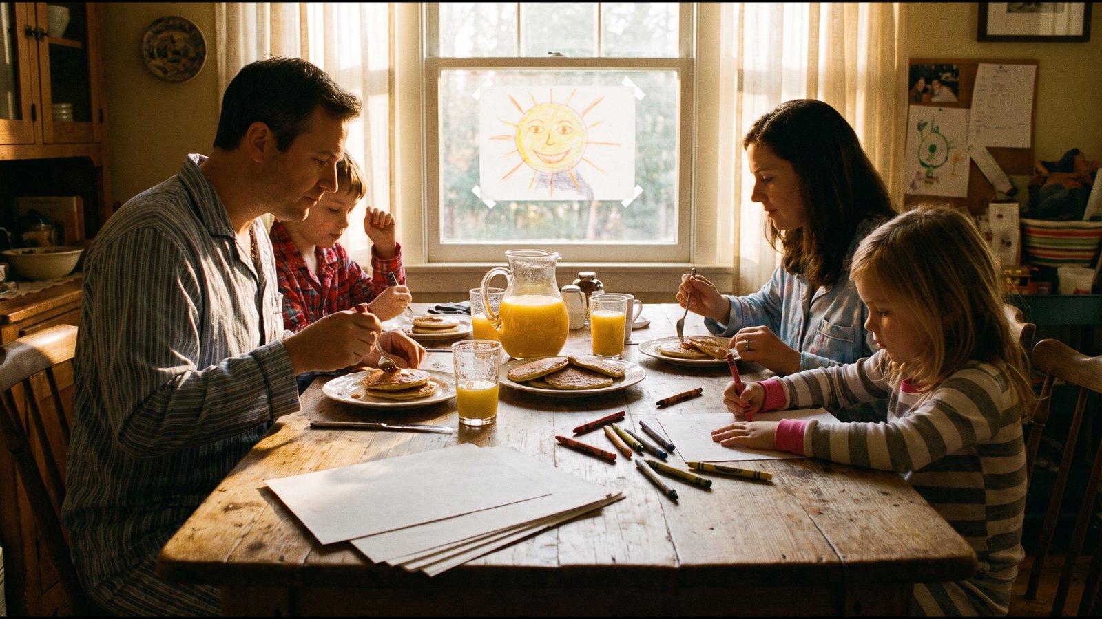 Illustrative generated photo: a family in pajamas at a breakfast table with pancakes and orange juice, a girl drawing with crayons, blank papers, and a sun picture taped in the window.
