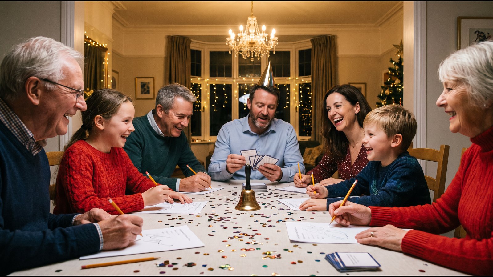 Illustrative generated photo: a multigenerational family around a dining table with pencils, papers, a brass bell, and confetti, a man in a party hat holding cards, string lights and a Christmas tree behind them.