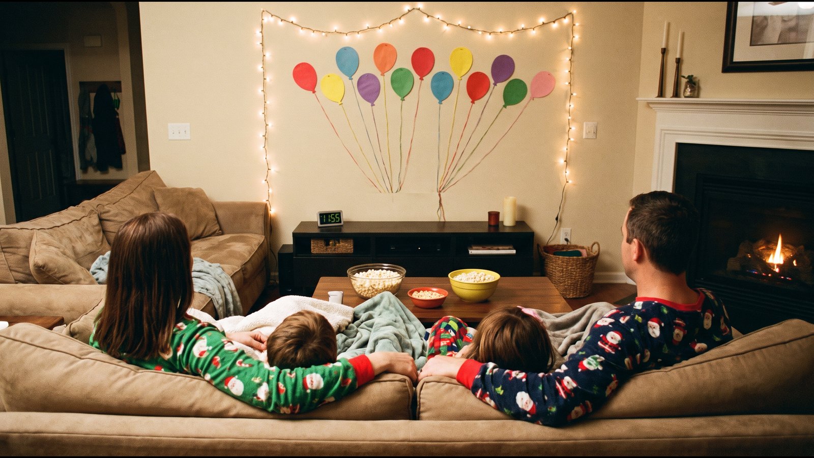 Illustrative generated photo: a family in holiday pajamas on a beige sofa facing paper balloon cutouts, string lights, popcorn bowls, a fireplace, and a digital clock on a media console.