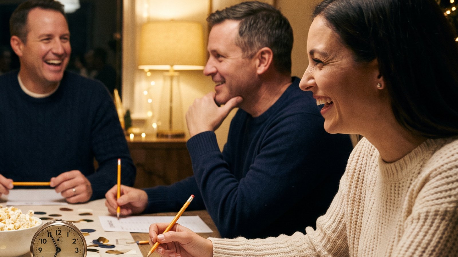 Illustrative generated photo: three smiling adults at a table with pencils, papers, a small clock, a bowl of popcorn, and warm string lights.