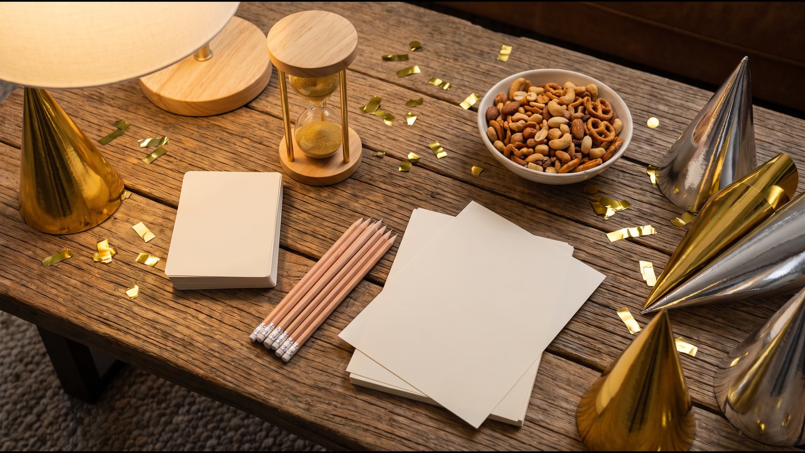Illustrative generated photo: a wooden table with a brass lamp, a wooden hourglass, blank cards, pencils, blank paper, a bowl of mixed nuts, gold confetti, and gold and silver party hats.