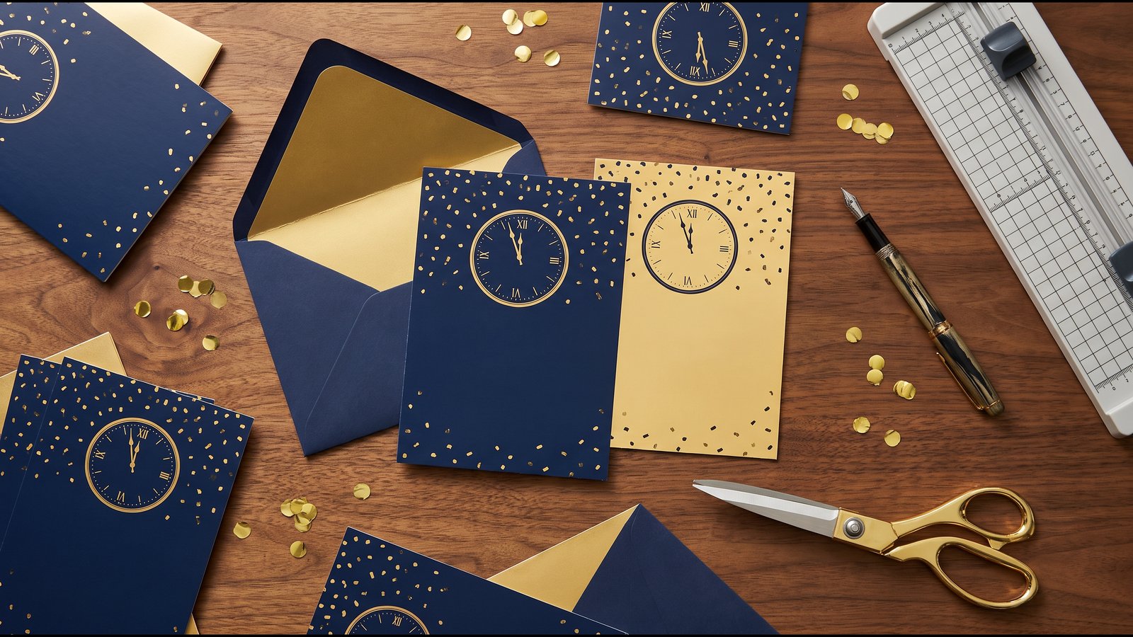 Illustrative generated photo: navy and gold clock-pattern invitation cards and open envelopes on a wood table, with a fountain pen, gold scissors, a paper trimmer, and scattered gold confetti.