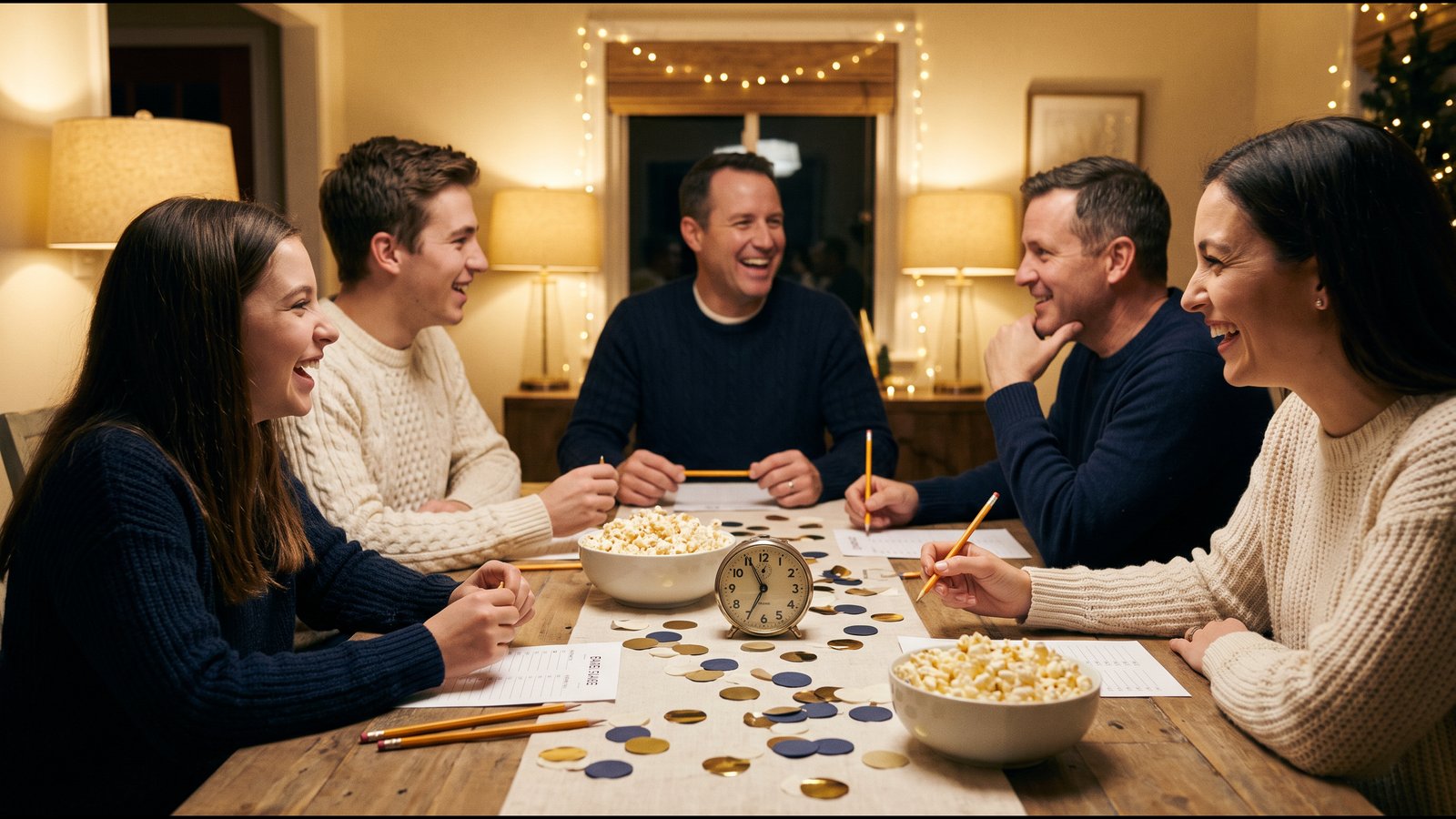Illustrative generated photo: five people in cream and navy sweaters sit around a wooden table with popcorn bowls, pencils, paper sheets, gold and navy confetti, and a small analog clock, string lights behind them.