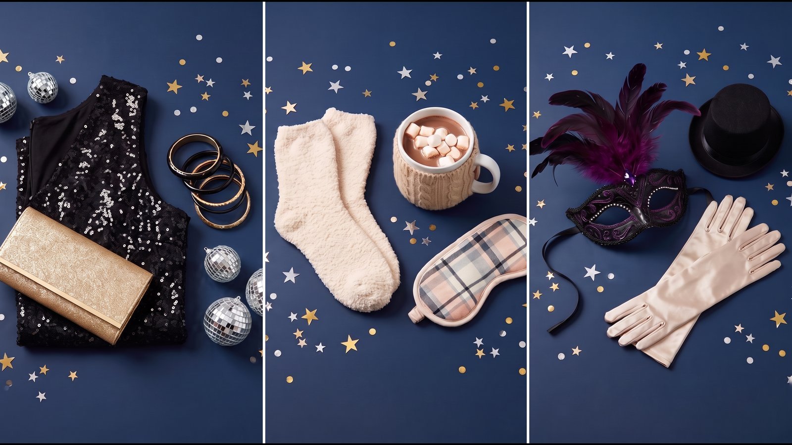 Illustrative generated photo: three flat-lay panels on navy with gold and white stars, showing a sequin top, gold clutch and disco balls; cream socks, cocoa and a plaid sleep mask; a feathered mask, top hat and satin gloves.